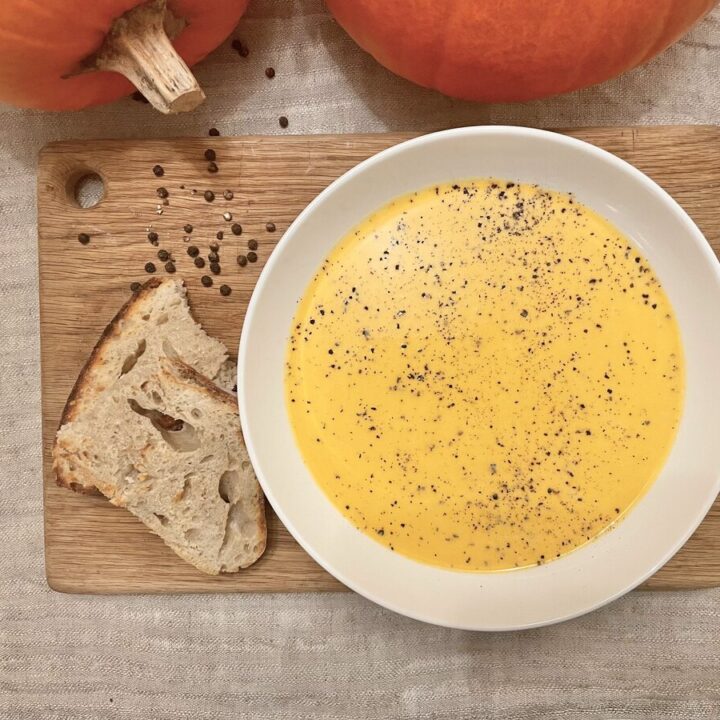 Served pumpkin soup.