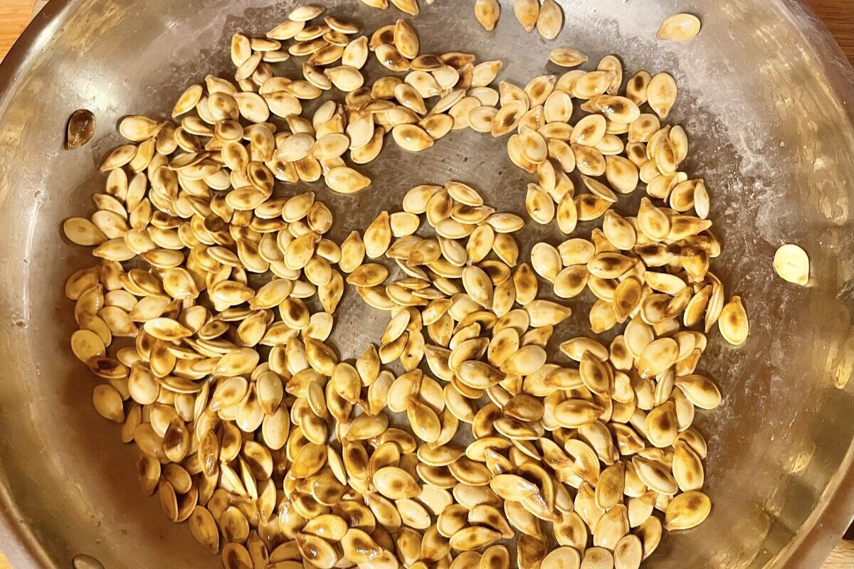 Roasted seeds on a pan.