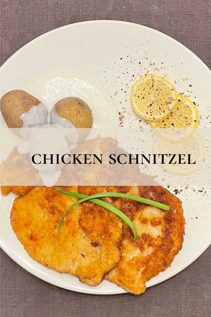 Pinterest pin for chicken schnitzel.