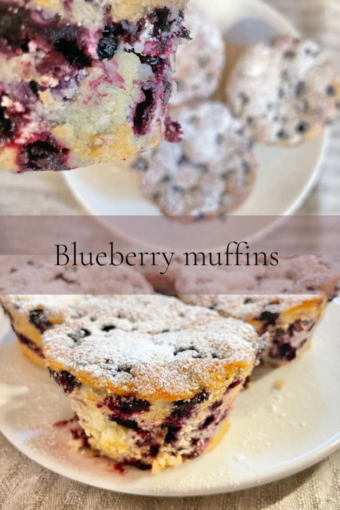 Two pictures of blueberry muffins.