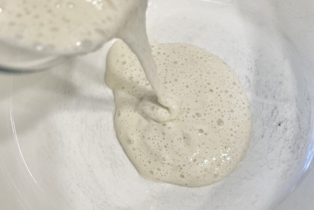 Wheat sourdough starter in a white bowl.