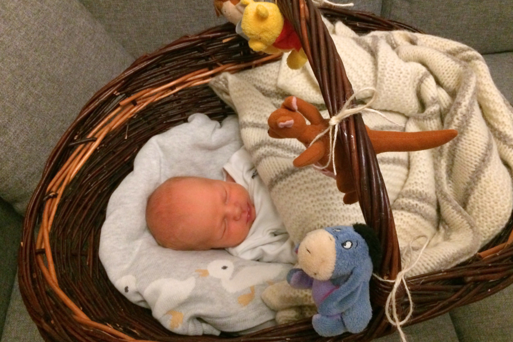 A baby boy in a basket.